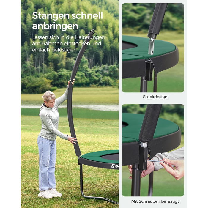 Батут SONGMICS Outdoor Ø 244/305/366/427 см, круглий, для саду, з сіткою безпеки, захисним бордюром, сходами та м'якими стійками, 366 см, чорний + темно-зелений
