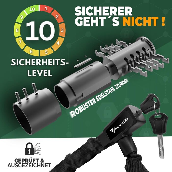 Замок для велосипеда MIVELO з ланцюгом, висока безпека, 85 см, ланцюговий замок для E-bike, MTB та шосе, з ключем