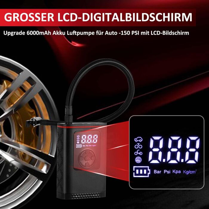 Hancaner електричний компресор-насос 6000mAh, 150 PSI, з великим дисплеєм і ліхтарем для авто, мотоцикла, велосипеда, м'ячів, 50 см шланг