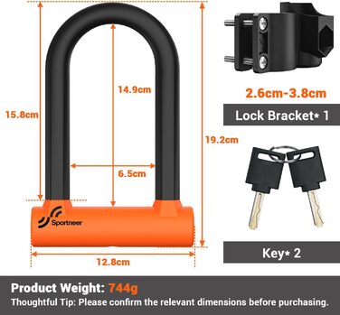 Замок для велосипеда Bügelschloss Sportneer: міцний бугель 17 мм з кабелем 1.5 м для шосе, MTB, електровелосипеда, складаного велосипеда. 19 x 13 см, помаранчевий