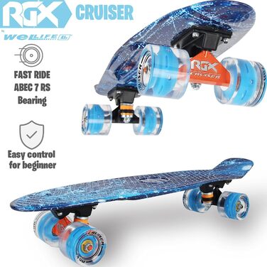 Скейтборд WeLLIFE Mini Cruiser 22 дюйми з LED колесами, PU 78A, ABEC-7, для дітей, підлітків і дорослих