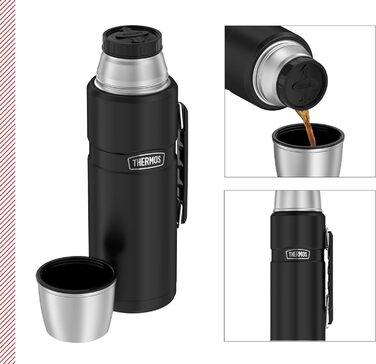 Термос із нержавіючої сталі Thermos King 1,2 л, чорний матовий, з чашкою, 12 годин гаряче / 24 години холодне, BPA free, придатний для миття в посудомийці, з ручкою