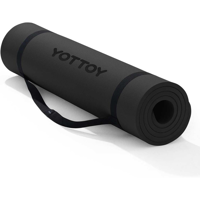 Йогамат YOTTOY, професійна товста йогаматка (183 x 1,27 см), TPE, неслизька для йоги, пілатесу, фітнесу, без взуття, для дому, з реміннем (Чорний)