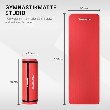 Гімнастичний килимок MSPORTS Studio 183x61x1/1,5 см, фітнес- і йога-мат для залу, без фталатів, м'який, з постером вправ і ременями для перенесення