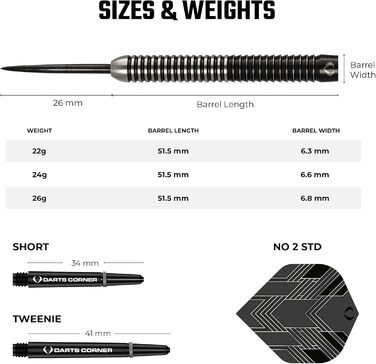 Набір дротиків Darts Corner BlackFin з високоякісного 90% вольфраму, прямий стальний стрижень, 6 оперень, 6 стрижнів, карта Checkout і футляр, 22 г, 24 г, 26 г