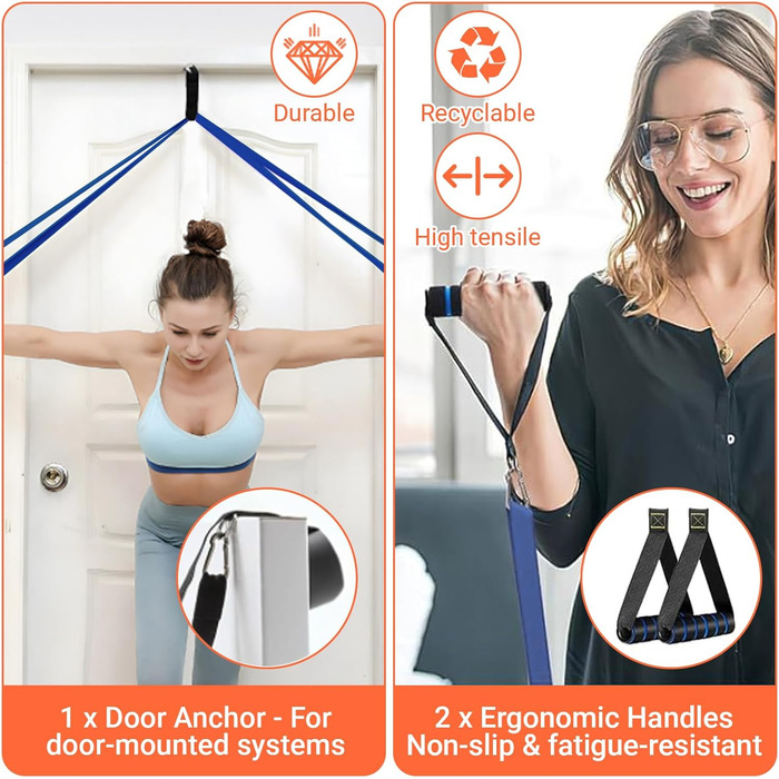 Набір еластичних стрічок для фітнесу з 4 рівнями опору, дверний анкер, 2 ручки та сумка для зберігання - для підтягувань, йоги, розтяжки, силових тренувань та покращення мобільності (з інструкцією)