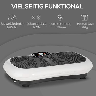 Вібраційна платформа HOMCOM з 2 фітнес-резинками, 99 режимів, 120 кг, для домашнього тренування, 200 Вт, LCD-дисплей, 73x40x13 см, біло-чорна