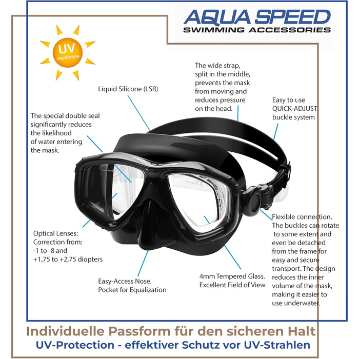 Плавальна маска Aqua Speed VISION 07B з корекцією зору, оптичні та звичайні лінзи