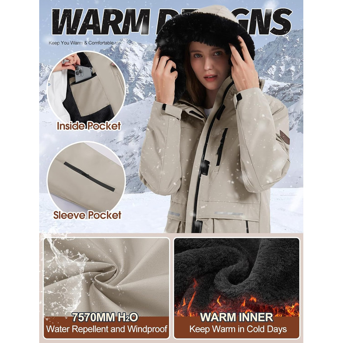 Водонепроникна зимова куртка Voqeen для жінок. Тепла флісова снігозахисна куртка для катання на лижах, вітронепроникна, дихаюча, з капюшоном. Розмір M, колір персиковий.