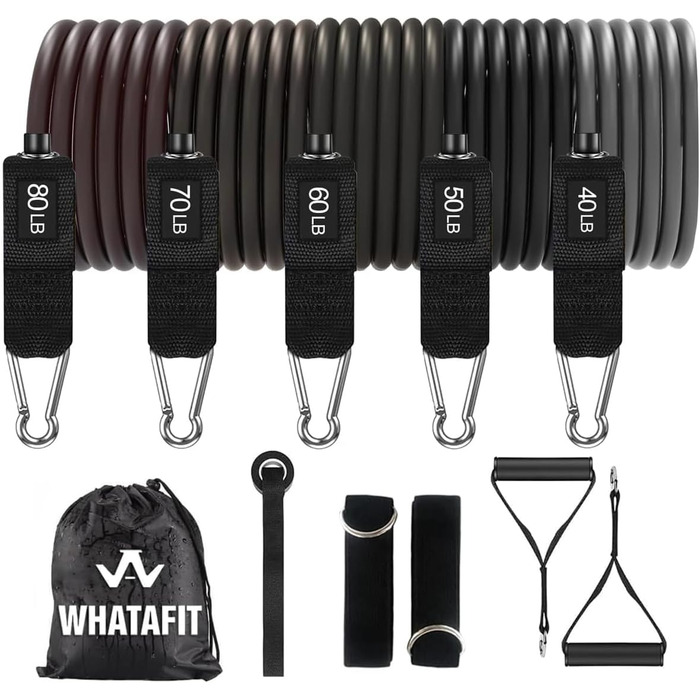 Набір еластичних стрічок WHATAFIT для фітнесу та реабілітації, з дверним кріпленням, ручками та сумкою, для чоловіків та жінок (сірий)