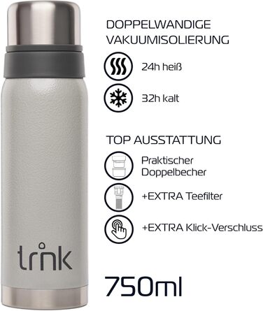 Термос trnk Outdoor polar 2, 750 мл, нержавіюча сталь, BPA-free, з 2 чашками, тримає тепло 24 год, для напоїв, сірий