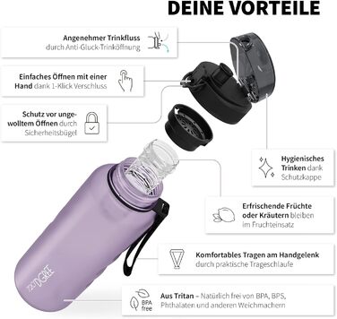 Пляшка для води 720°DGREE uberBottle 1,5 л SoftTouch з контейнером для фруктів, BPA-Free, спортивна, тританова, для фітнесу, спортзалу, прогулянок, ударостійка, багаторазова, лілово-фіолетова