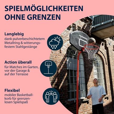 Баскетбольний стенд HUDORA Start: регульована висота, мобільний для дітей, підлітків та дорослих, вуличний з колесами 305 см