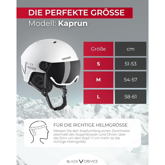 Шолом гірськолижний BLACK CREVICE Kaprun з візором, унісекс | Шолом для сноуборду та лиж, S/M (54-57), білий матовий карбон / чорний, дихаючий, регульований