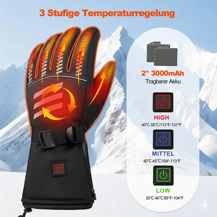 Обогревні рукавиці для жінок та чоловіків, 7.4V 3000mAh, 3 температурні режими, водонепроникні рукавиці з підтримкою сенсорного екрану для катання на лижах, мотоциклі, піших прогулянок, полювання, колір: чорний