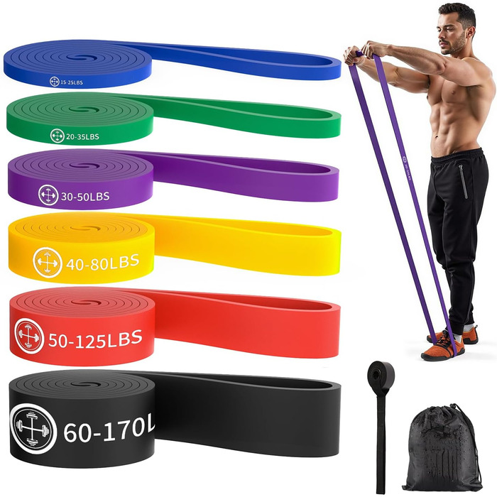 Еластичні гумки для фітнесу, тренувань та розтяжки, 6 шт. (синій, зелений, фіолетовий, жовтий, помаранчевий, чорний)