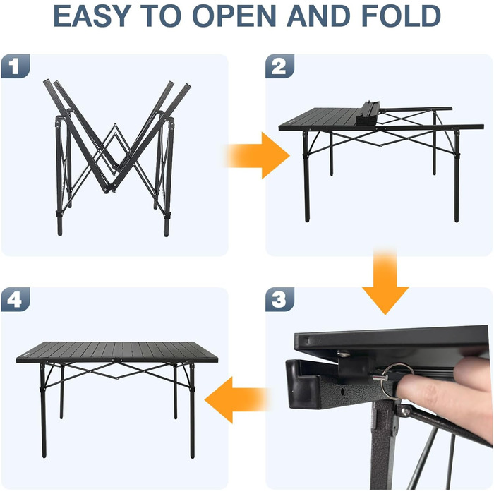 Стіл для кемпінгу Poeopore, розкладний, алюміній, великий, на 4-6 осіб, чорний, 140 x 70 x 70 см