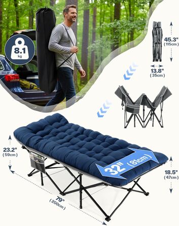 Розкладне ліжко Sportneer з матрацом: для кемпінгу, відпочинку на природі та дому (200x81x47 см, сірий)