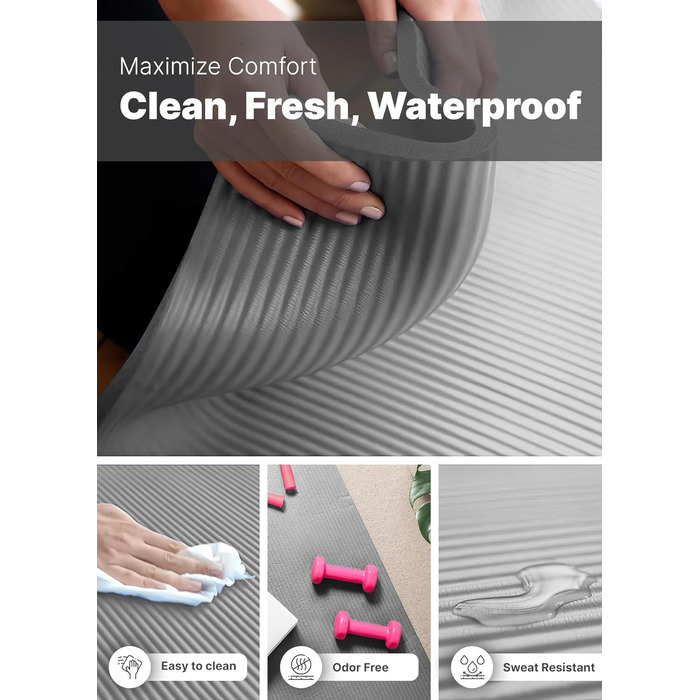 ROMIX Килимок для йоги 183x80 см, 10-15 мм товщина, неслизький, екологічний, гіпоалергенний, без латексу, сірий, для дому та подорожей