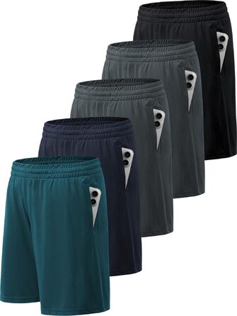 Шорти спортивні чоловічі BVNSOZ з кишенями та еластичним поясом Quick Dry для тренувань (5 шт. в наборі, чорний, темно-сірий, темно-сірий, темно-синій, темно-зелений)