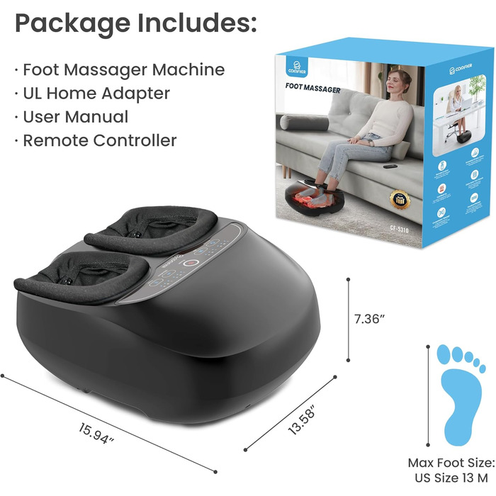 Масажер для ніг Comfier з підігрівом та Shiatsu, для фасціїту, невропатії, з пультом, функція паузи, 34.5x18.7x40.5 см