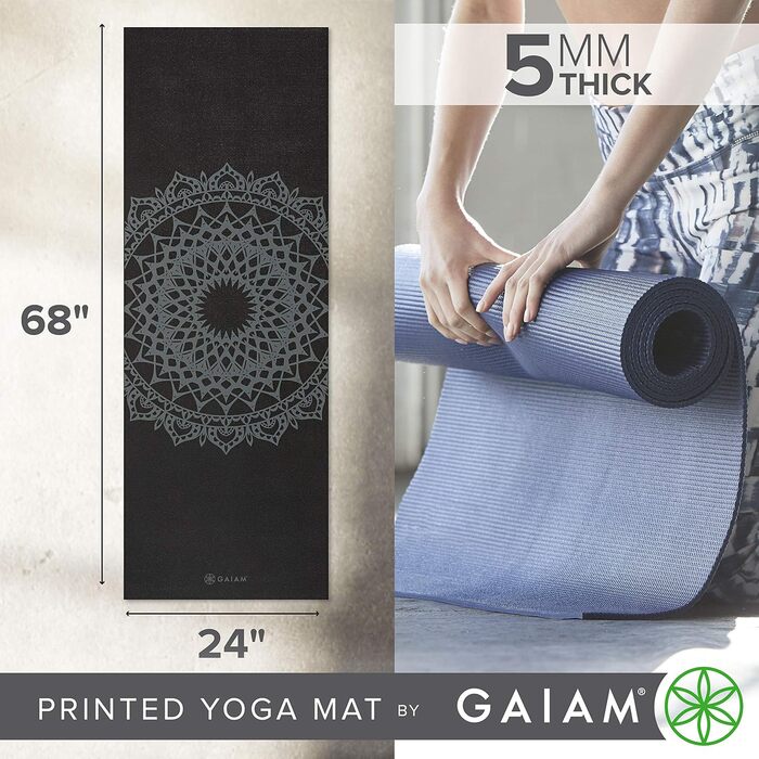 Йога мат Gaiam Premium 5 мм – антиковзка тренувальна килимок для йоги, пілатесу та фітнесу (172.7 x 61 x 5 мм), чорний, Marrakesch