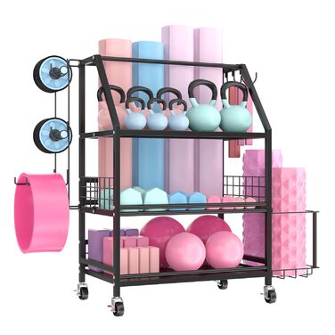 Стійка для гантелей та гир, домашній спортзал, чорна. З гачками та коліщатками. Підходить для гантелей, гир, йога-матів та роликів.