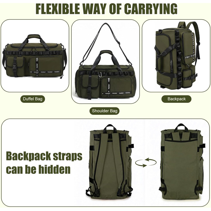 Спортивна сумка для подорожей та фітнесу 65Л з відділенням для взуття та вологих речей, велика дорожня сумка для жінок та чоловіків (армійний зелений)
