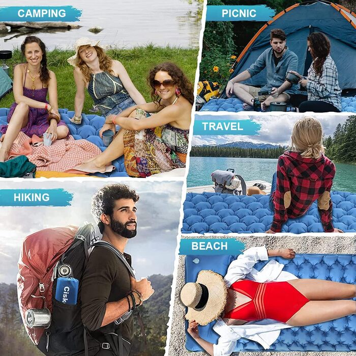 Килимок для кемпінгу Ciskotu самонадувний 8 см з подушкою. Підходить для кемпінгу, піших прогулянок та подорожей. (Синій+Сірий)