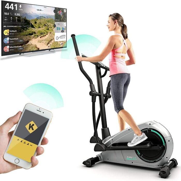 Еліптичний тренажер Bluefin Fitness CURV 2.0 для дому, крос-тренажер, компактний степпер з LCD-дисплеєм, Bluetooth, додатком для смартфона, чорний та сірий