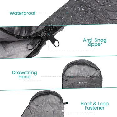 Спальний мішок Mumienschlafsack для дорослих - легкий, компактний, водонепроникний, з капюшоном, 220x85 см - теплий, пральний, для кемпінгу, піших прогулянок, подорожей (сірий)