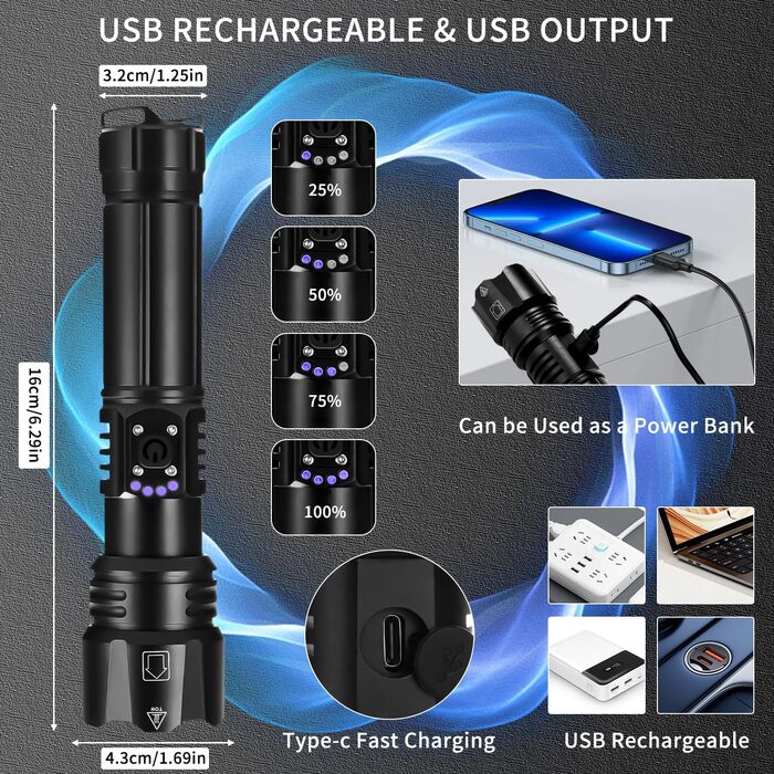 Ліхтар LED Azyvum P70-kit: надпотужний, 1000000 люмен, тактичний, водонепроникний IP67, 5 режимів, для кемпінгу, риболовлі, туризму та надзвичайних ситуацій