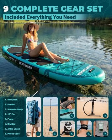 Надувне SUP дошка Skatinger 335 x 86,4 см, 190 кг, для 2 осіб, з веслом та ременем, зелена