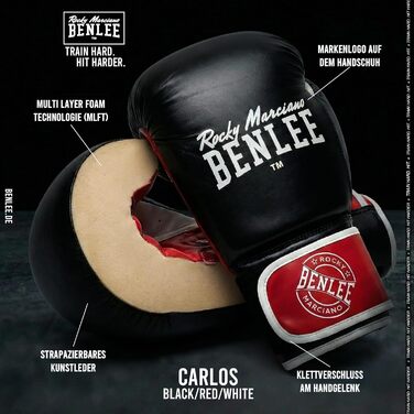 Боксерські рукавички BENLEE Carlos 16 oz: для боксу, кікбоксингу та спарингів, з гелевою накладкою, чорно-червоно-білі
