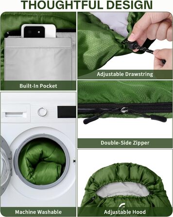 Сплячий мішок Sportneer Outdoor - ковдровий спальний мішок 3-4 сезони для дорослих, теплий спальний мішок для кемпінгу, подорожей та активного відпочинку (200x85см, зелений)