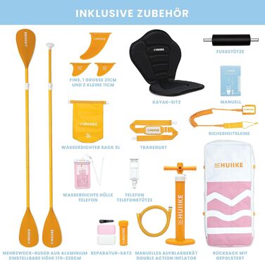 Надувний SUP Борд HUIIKE для Станд Ап Паддлінгу (Stand Up Paddling) з аксесуарами: весло, фіни, насос. Стабільний та міцний надувний SUP борд Enjoyer Pink, 305x84x15 см, до 130 кг.