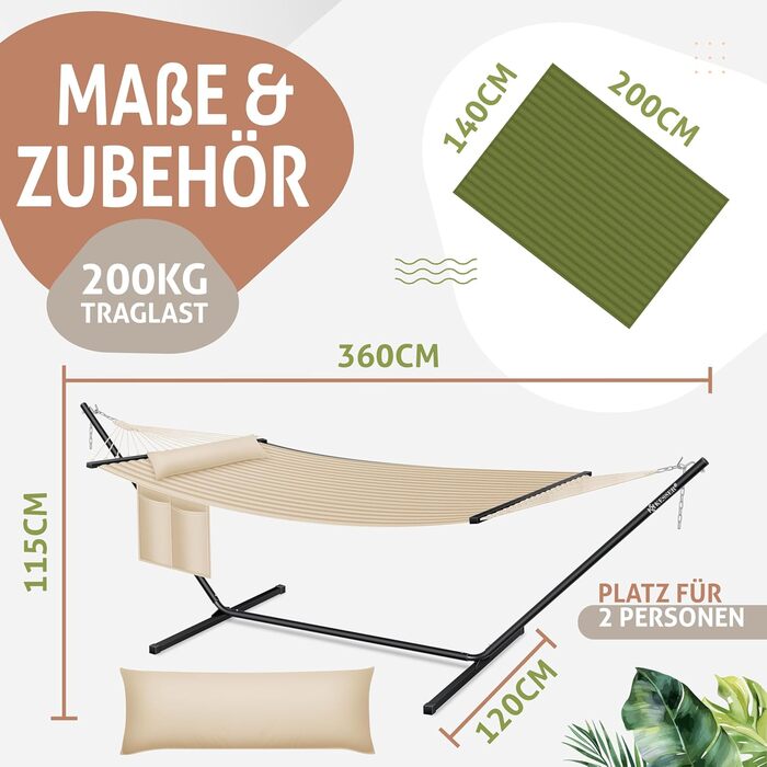 Подвійна гамак KESSER Hill з каркасом та подушкою - для 2 осіб, 200 кг, бежевий (Indoor & Outdoor)