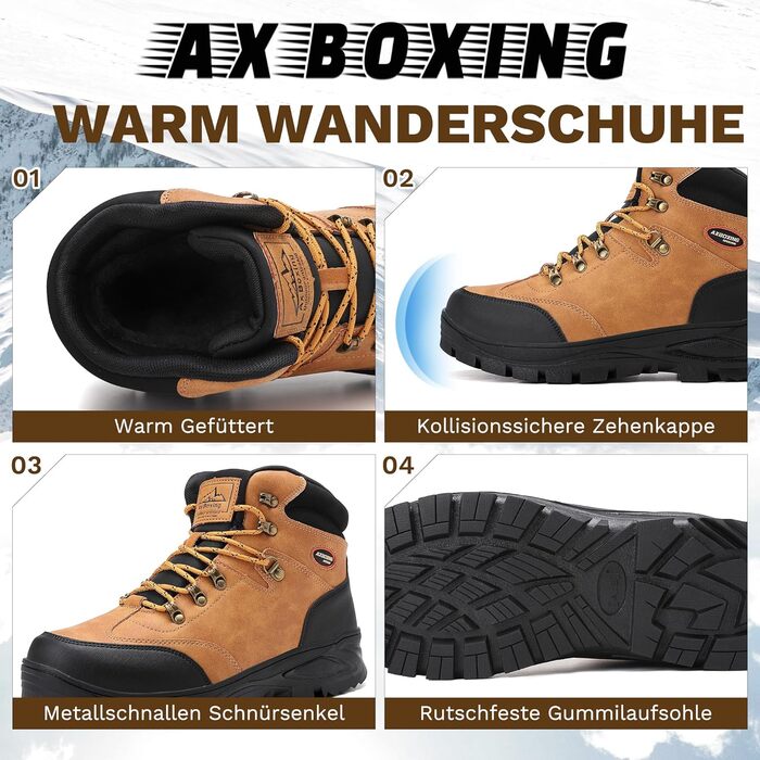 Чоловічі зимові черевики AX BOXING: утеплені, трекінгові, для хайкінгу, антиковзання, теплі снігові черевики, 41-46 EU (темно-жовтий, 46 EU)