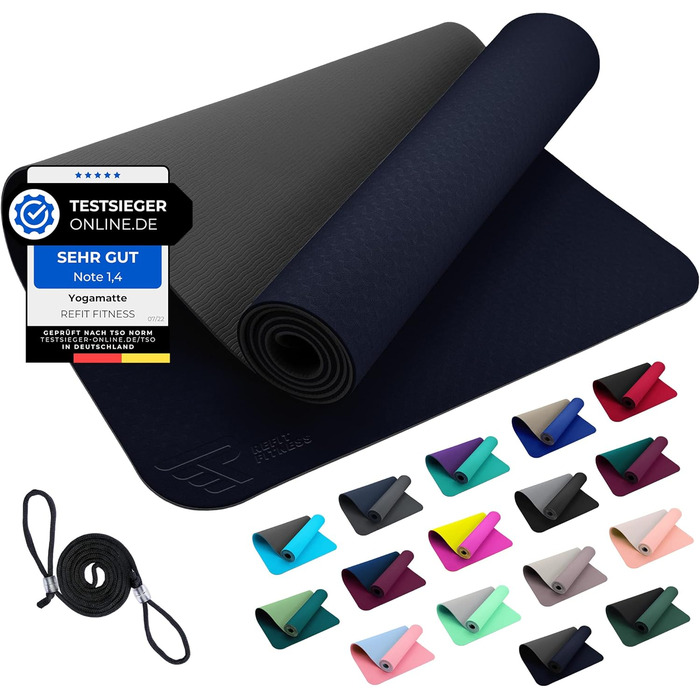 Килимок для йоги REFIT FITNESS Perfect-Fit 190 x 60 x 0,6 см з покриттям GeckoGrip & Sensi-Plus TPE. Нековзкий, без шкідливих речовин, з ремінком для перенесення. Підходить для гімнастики та спорту.