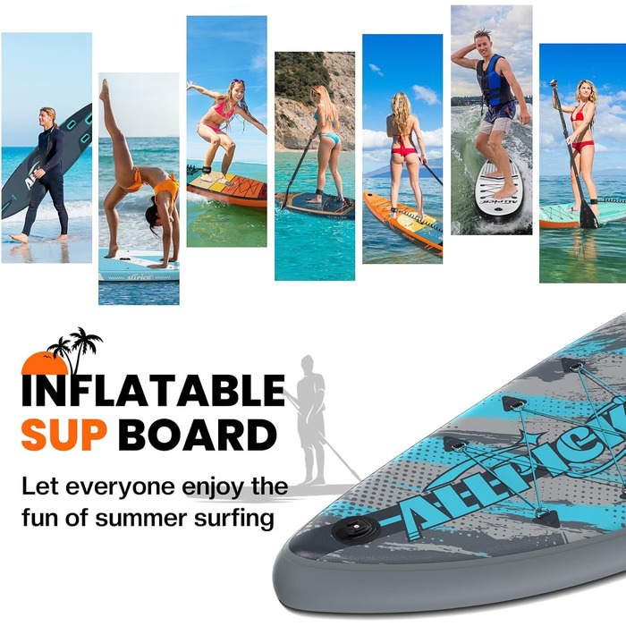 Надувний SUP Борд ALLPICK Premium Set: Комплектація для початківців та просунутих, з камерою, регульованим веслом, 200 кг, колір: ошм'ятково-блакитний