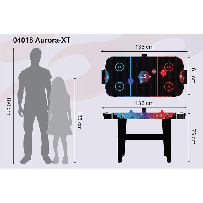 Airhockey стіл Aurora-XT від Carromco – великий стіл для аір-хокею з LED підсвіткою для дітей та дорослих від 7 років, 131x62x79 см, з LED шайбами та пушером, блок живлення