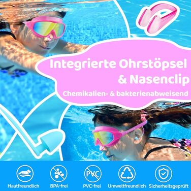 Дитячі окуляри для плавання Vvinca з носовими затискачами, широким кутом огляду, захистом від запотівання та UV-фільтром, водонепроникні, для дітей 3-14 років, рожеві та блакитні