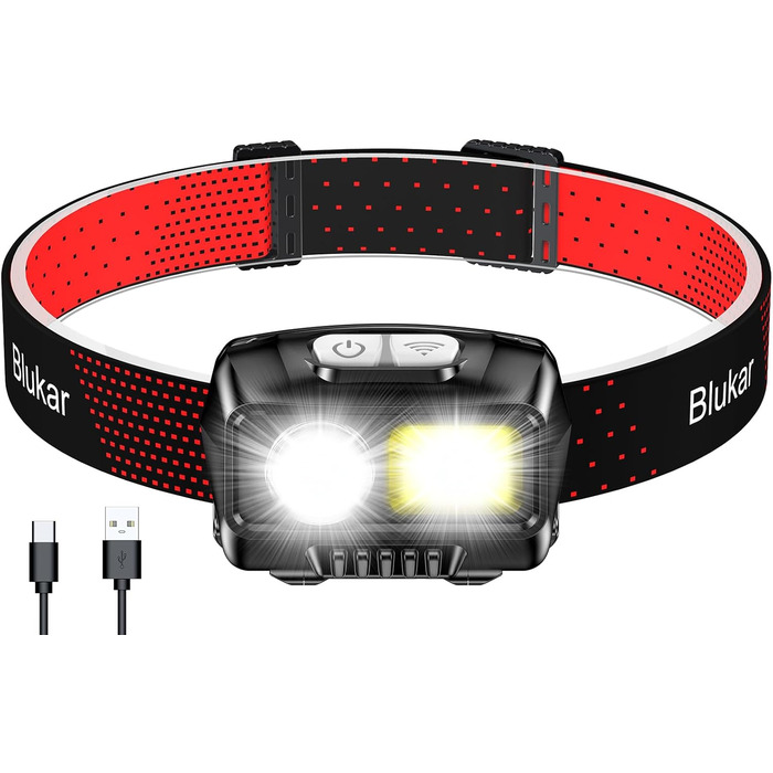 LED налобний ліхтар Blukar: перезаряджається, 8 режимів, сенсор, червоне світло, водонепроникний IPX5, для бігу, кемпінгу, риболовлі