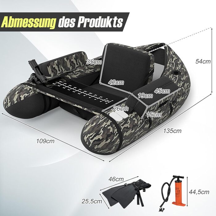 Надувне рибальське човен GYMAX: компактне belly boat з насосом, веслами та регульованими ременями. Міцне, до 150 кг, з лінійкою для риби, камуфляж.