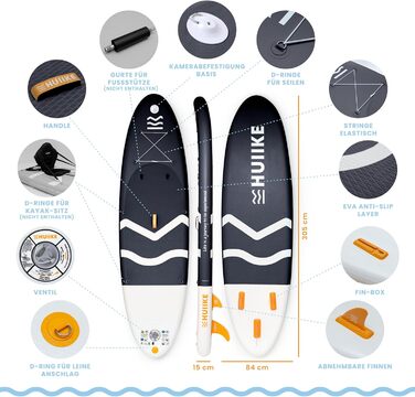 Надувний SUP-борд HUIIKE Stand Up Paddle Board з аксесуарами: весло, фіни, насос. Стабільний та міцний SUP-борд 305x84x15 см, до 130 кг. Enjoyer Black - Essential