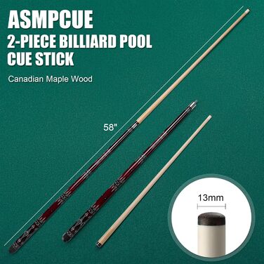 Більярдний кий ASMPCUE 58'' з чохлом з PU шкіри, канадський клен, 13 мм наконечники, для професійних гравців