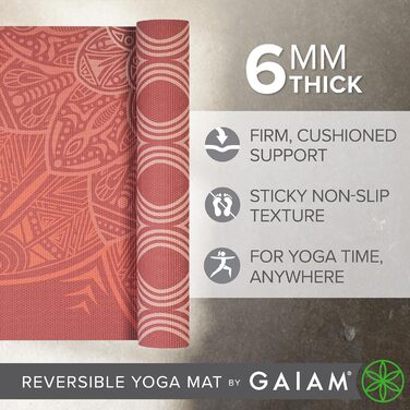 Килимок для йоги Gaiam Premium 6 мм з двостороннім малюнком, двошаровий, нековзний, для йоги, пілатесу та вправ на підлозі (172,7 x 61 x 6 мм), з малюнком квіти