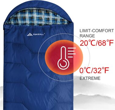 Спальний мішок Forceatt 3-4 сезони, -5°C, фланель та поліестер, для дорослих, водонепроникний, теплий, для кемпінгу, відпочинку на природі та холодних умов. 10°-Морська хвиля