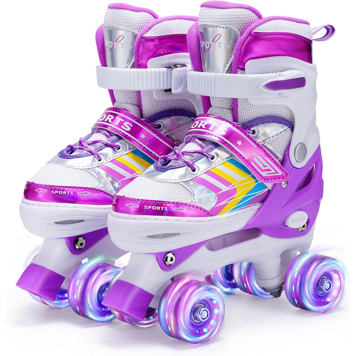 Дитячі ролики Kinder з регулюванням, 8 світлодіодних коліс, ролики Quad для дівчаток та хлопчиків, для початківців, внутрішнє та зовнішнє використання (S (EU28-32), фіолетовий)