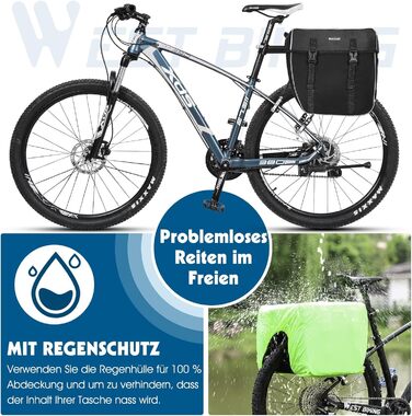 Велосипедна сумка West Biking 30L, водонепроникна, подвійна, на багажник, з ременем, захистом від дощу, чорна, міцна для перевезення речей